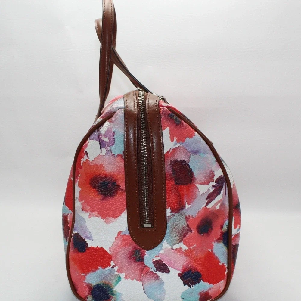 Lauren Ralph Lauren Floral Watercolor Satchel Bag‎ Brown Leather Trim Red Blue